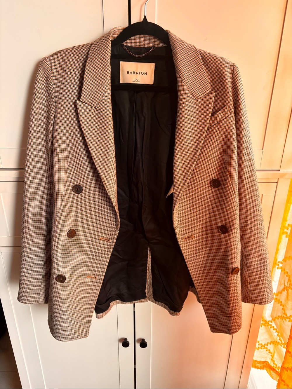 Babaton Checked Double-Breasted Blazer in Beige and Black
